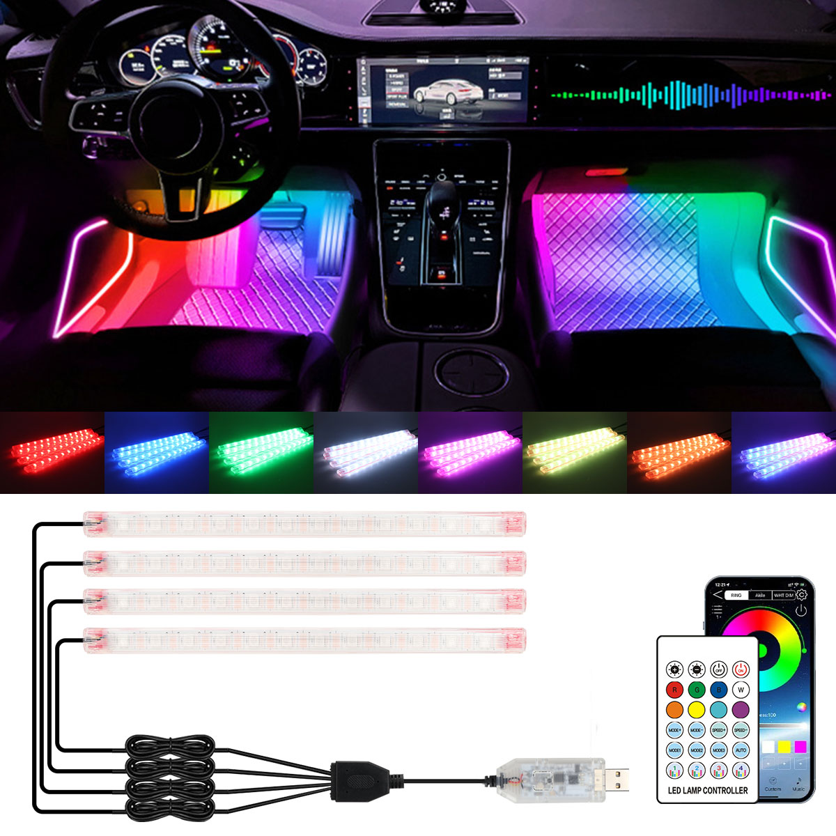 2/4in1 12/18 LED RGB Gökkuşağı - Led Ambient Interior Car Lights App Control incelemesi ve fiyatı